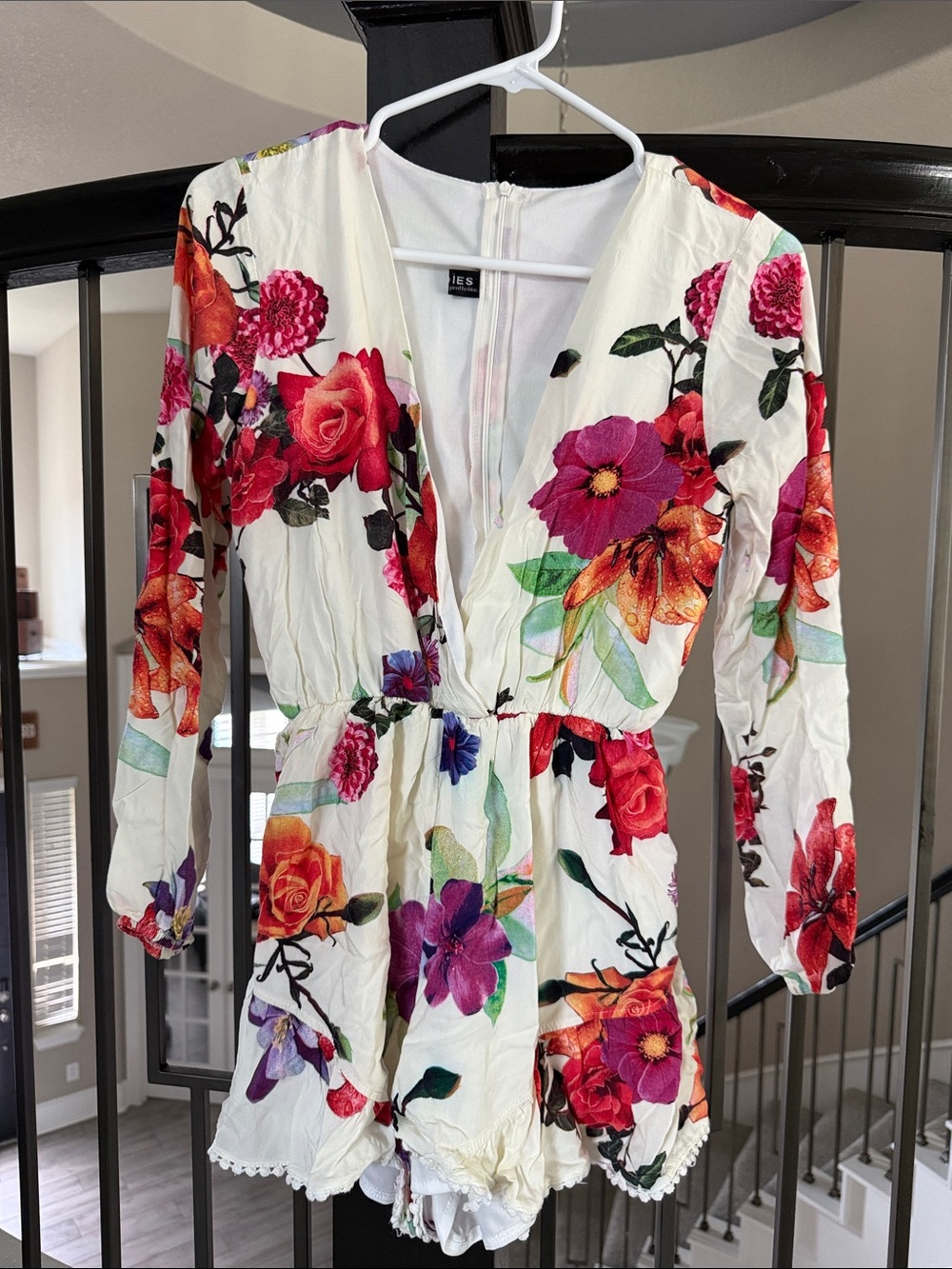 Cream V-Neck Dress with Red, Pink and Orange Floral Print